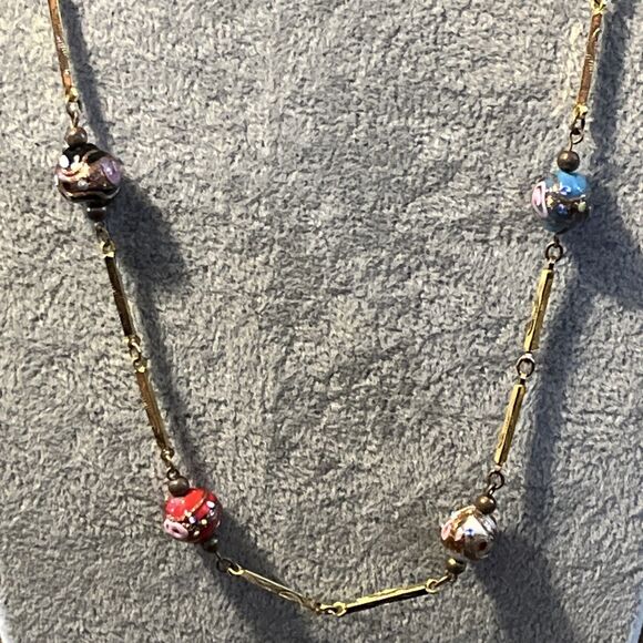 VIT Murano Venetian Wedding Cake Glass Bead Necklace Textured Gold Tone Links - Picture 3 of 12